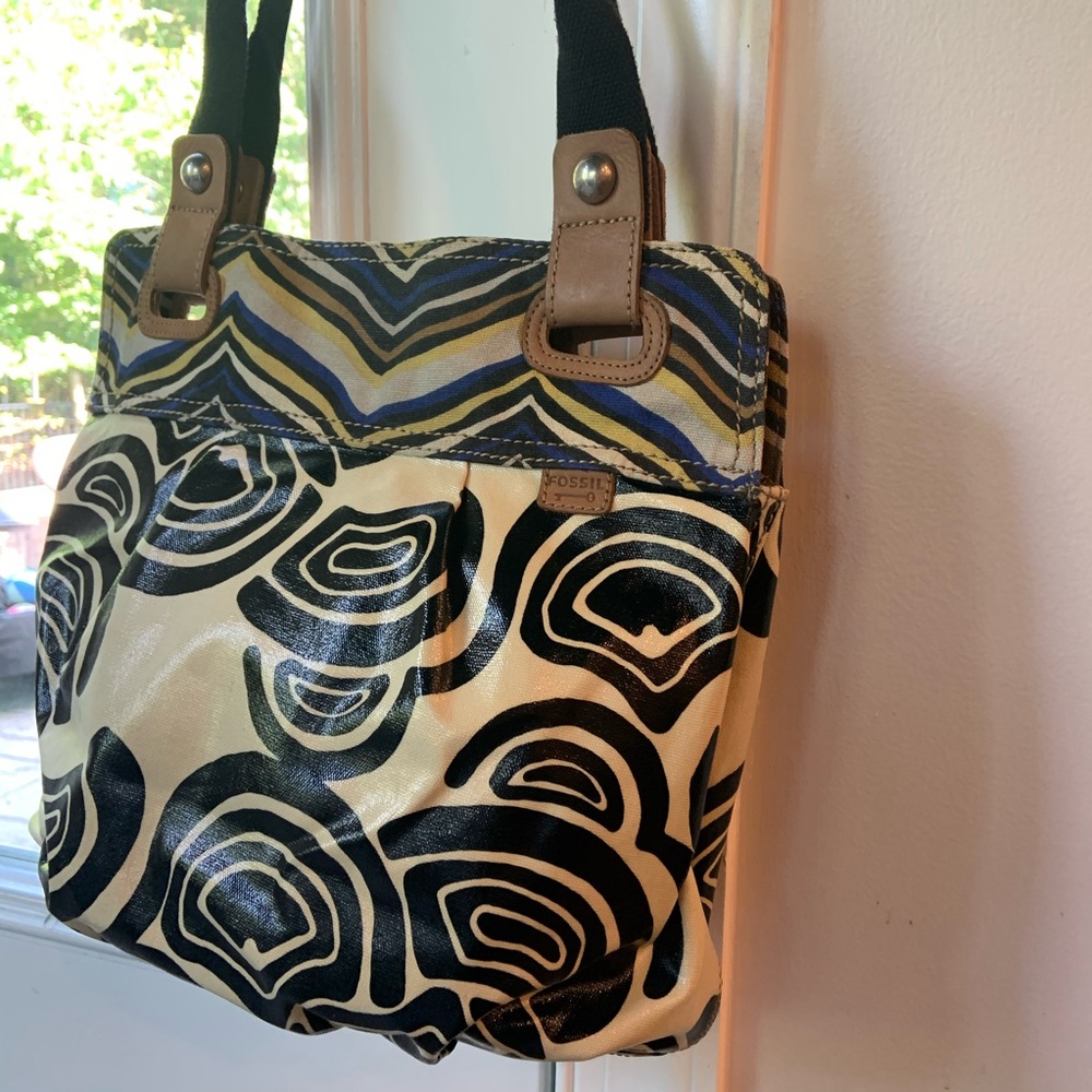 Fossil Key-Per Black Yellow Tote Shoulder Bag - Picture 2 of 10